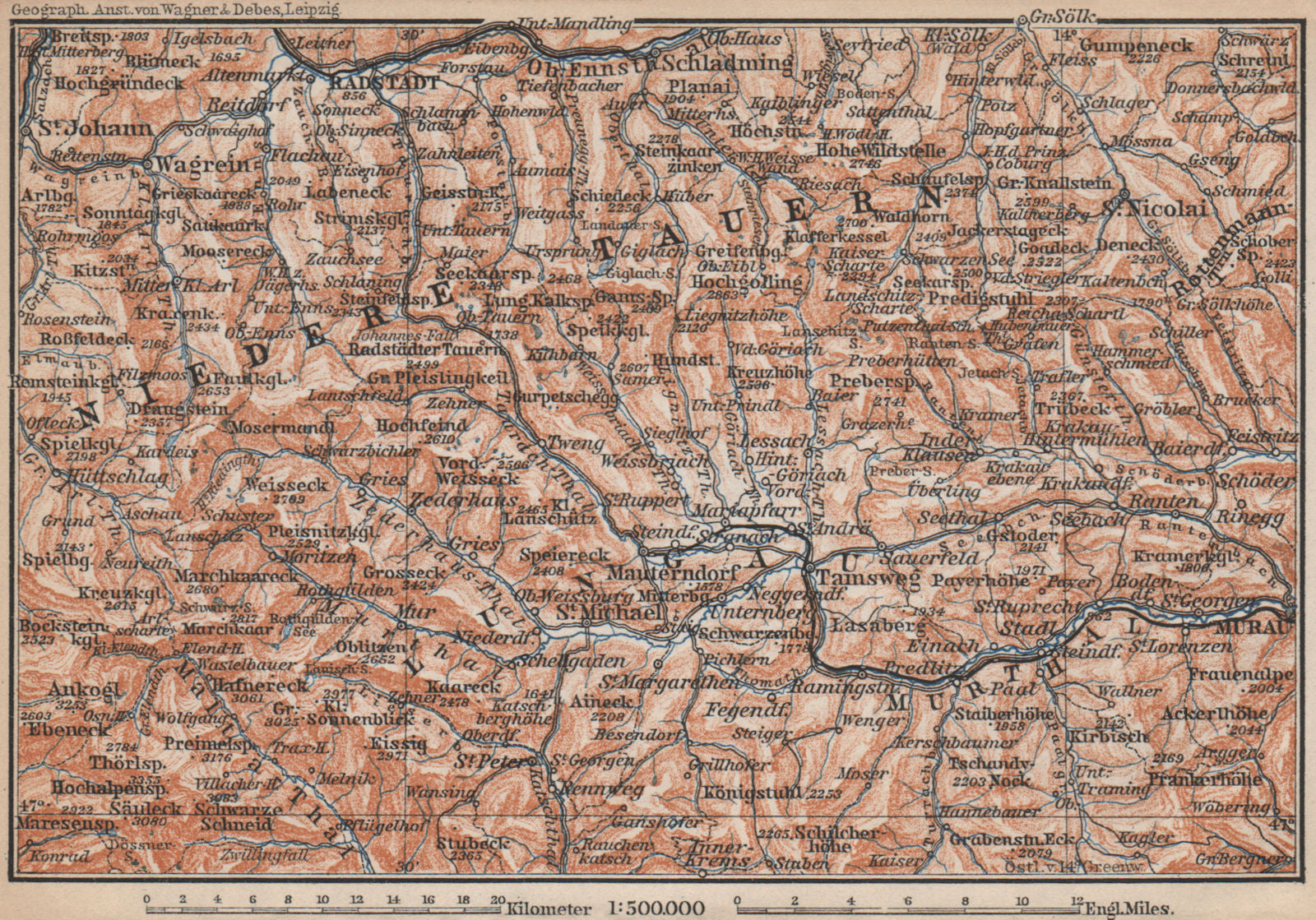 NIEDERE TAUERN & LUNGAU. Bad Gastein Wagrain Obertauern Schladming 1899 map